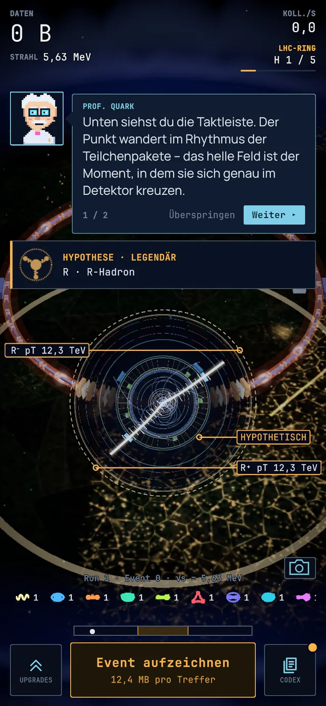 Event display of a R-hadron event, screenshot from the game.