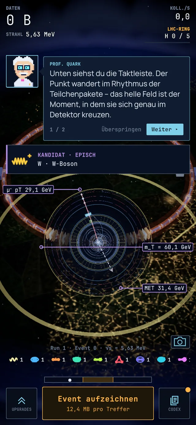 Event display of a W boson event, screenshot from the game.
